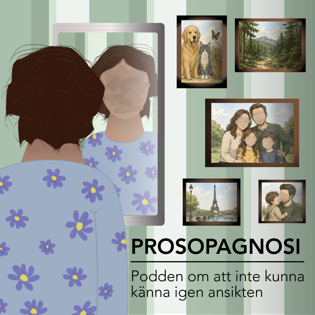 Grafik på flicka som tittar in i spegel men hennes ansikte är suddigt. Tavlor finns till höger, samtliga bilder ser vanliga ut förutom ansiktena som är suddinga